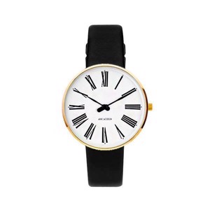 Arne Jacobsen Uhr - römisch - Ø34 mm - vergoldet & schwarzes Lederband